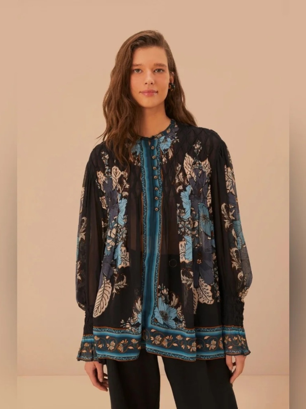 Farm Rio Blossom Tapestry Black Bee Smocked Blouse